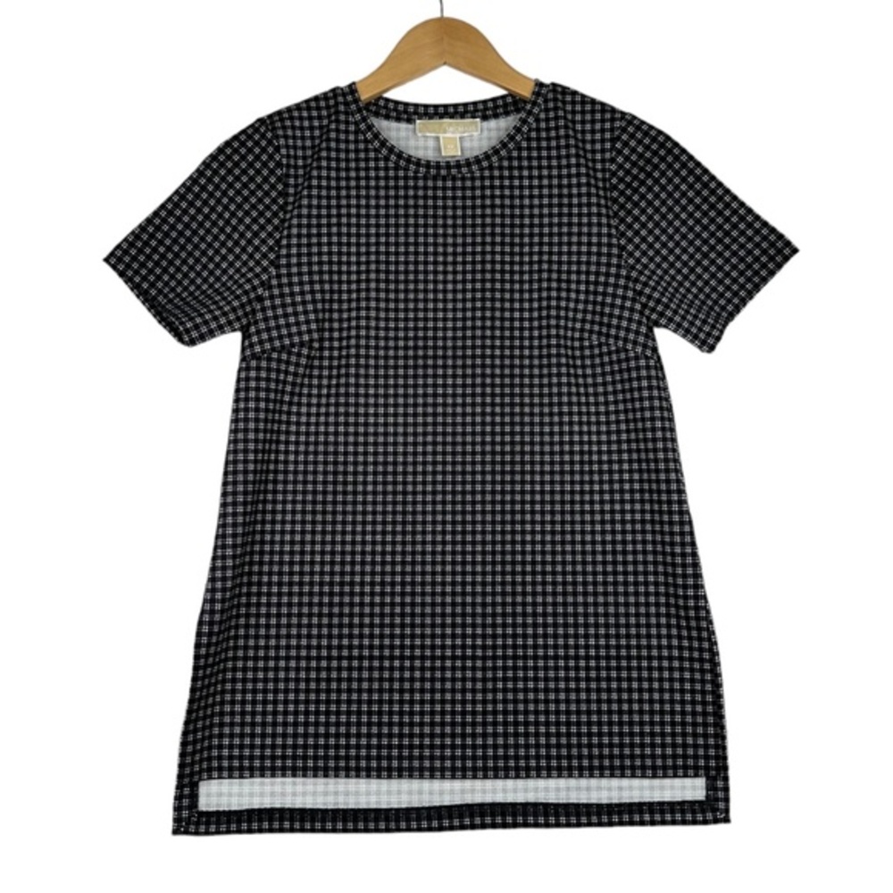 Michael Kors Black and White Plaid Check Short Sleeve Tunic Hem Knit Top Size XS